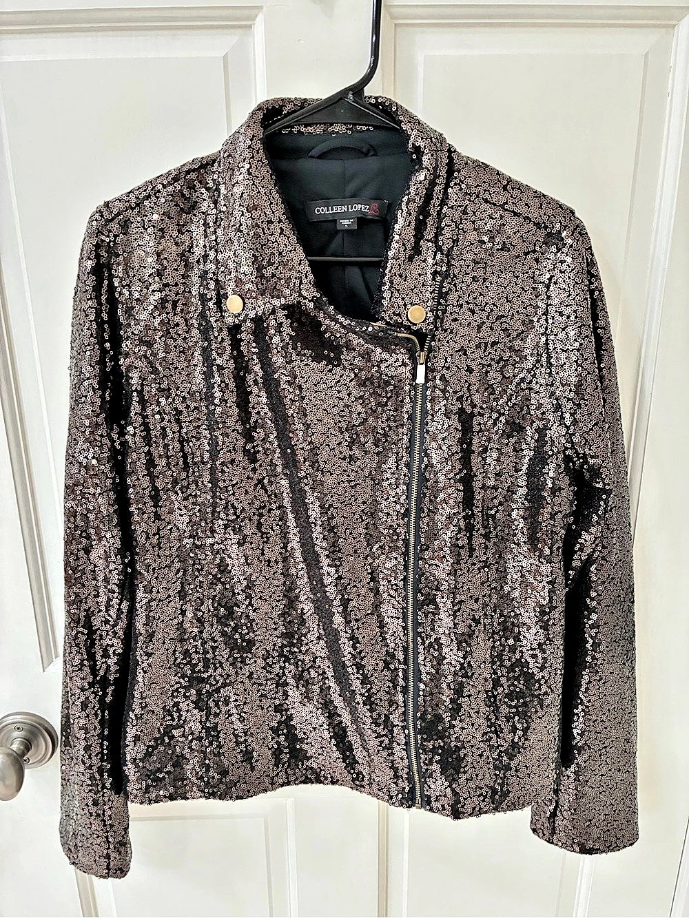 Colleen Lopez Luxe Sequin Moto Jacket Black & Brown